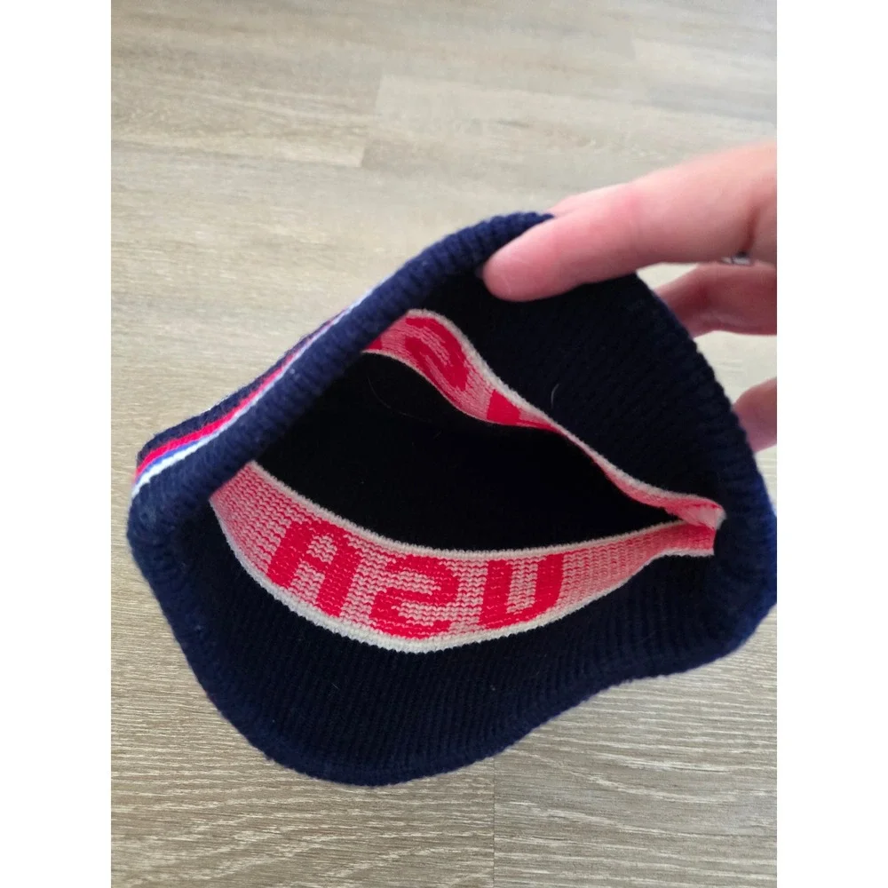 Vintage USA Knit Beanie Hat Red White Blue Patriotic Cuffed Winter Stocking Cap‎